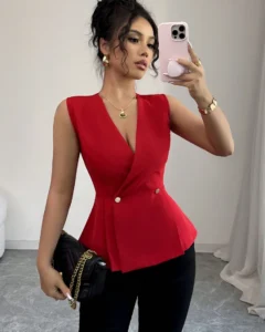 Blusa de mujer minimalista sin mangas con cuello en V