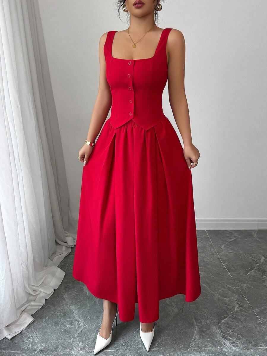 Conjunto de chaleco sin mangas de cuello cuadrado y falda plisada acampanada - Imagen 2