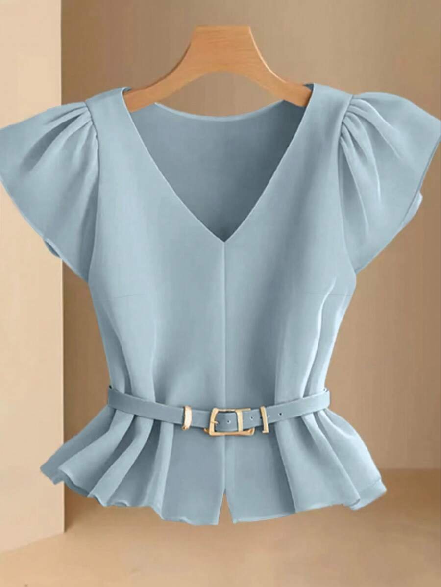 Blusa elegante de cuello en V color caqui para mujer