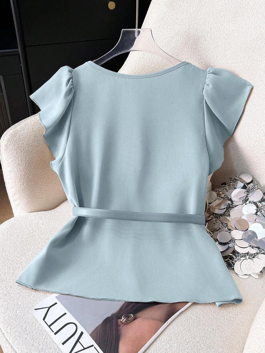 Blusa elegante de cuello en V color caqui para mujer - Imagen 3