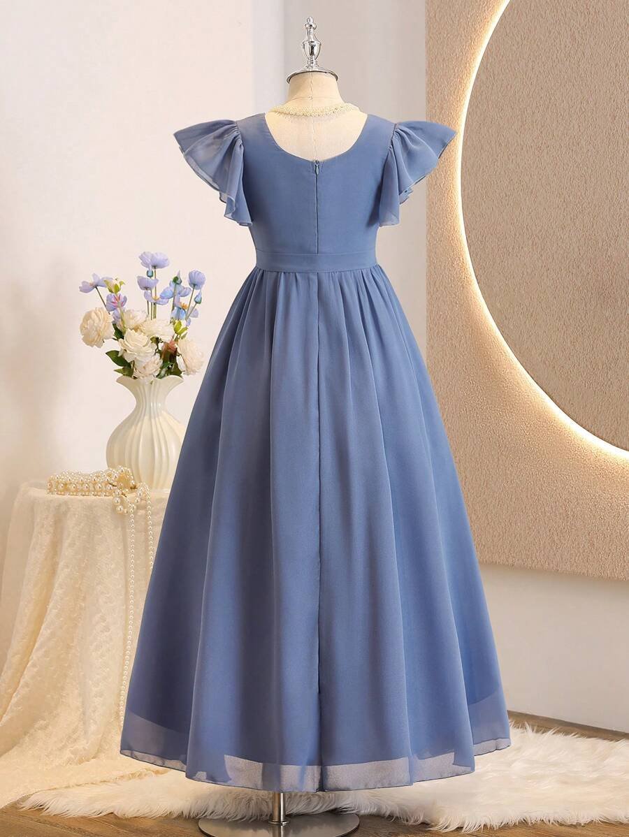 Vestido elegante con cuello redondo, manga corta y volantes en la cintura - Imagen 3