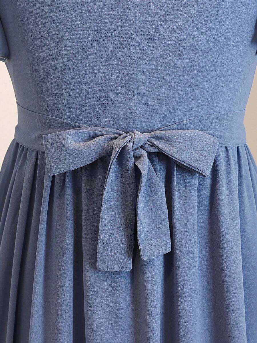 Vestido elegante con cuello redondo, manga corta y volantes en la cintura - Imagen 2