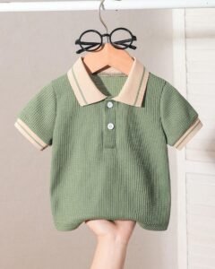Camisa polo bebé niño clásica de tejido de gofre verde con botones blancos