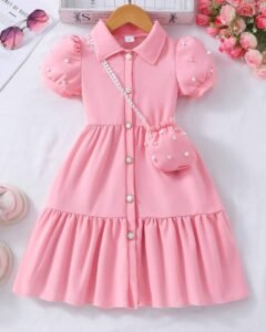 Vestido sólido con mangas abullonadas, cuello y abotonado