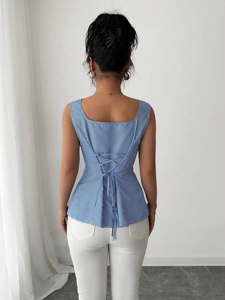 Blusa sin mangas elegante con cuello cuadrado y cintura atada - Imagen 3