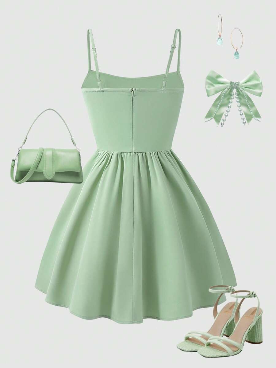 Vestido de tirantes con pliegues de unicolor y volantes - Imagen 3