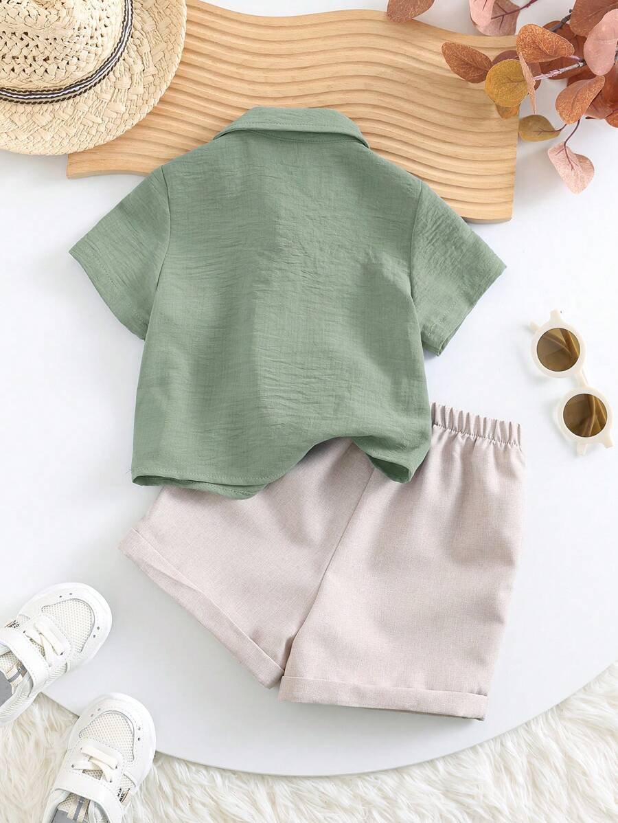 Camisa de manga corta de unicolor y pantalones cortos de cintura elástica - Imagen 3