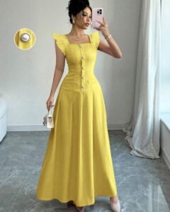 Vestido largo elegante con escote en V y mangas abullonadas