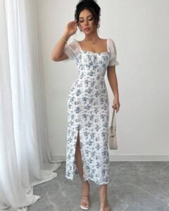 Vestido maxi casual de mujer con estampado, manga corta y cuello en V