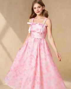 Vestido largo de malla con estampado floral de rosas y recogido en la cintura