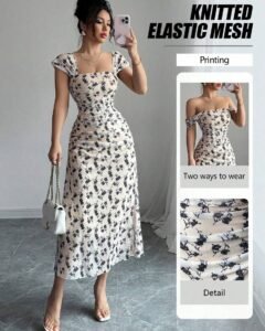 Vestido elegante de mujer con cuello cuadrado y estampado floral