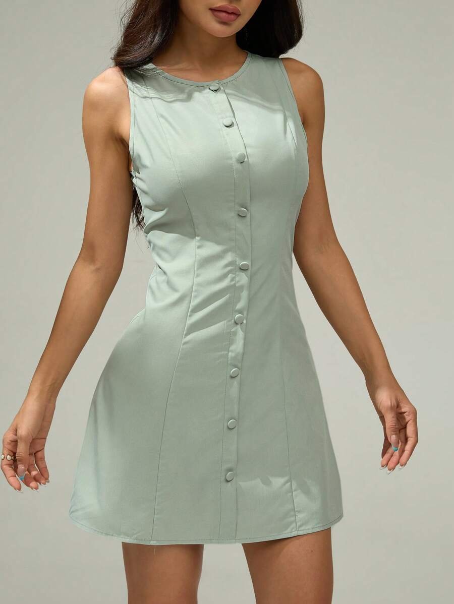 Vestido casual sin mangas con cuello redondo y abotonado delantero