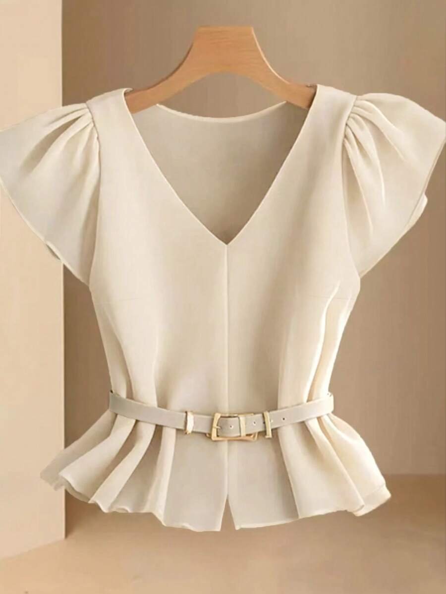 Blusa elegante y sencilla de cuello en V color caqui