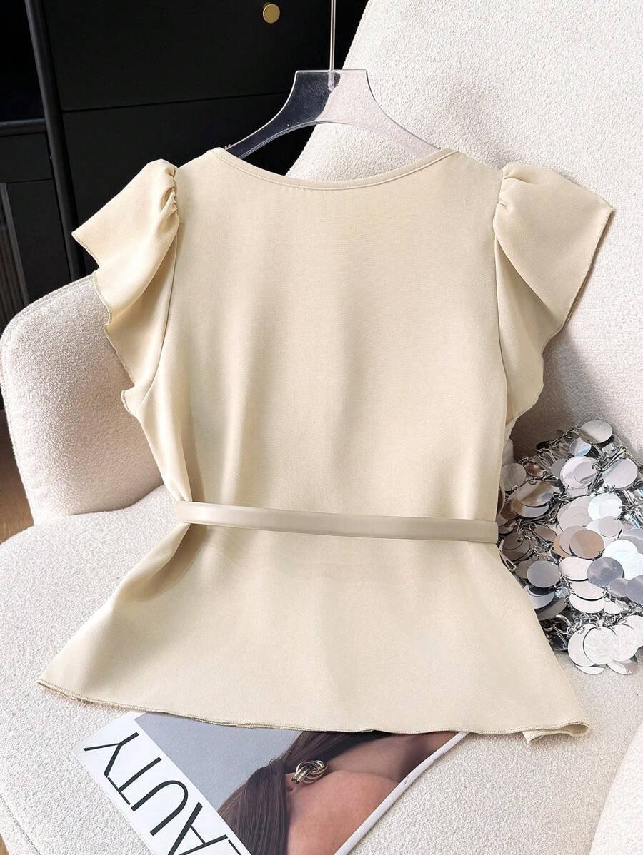 Blusa elegante y sencilla de cuello en V color caqui - Imagen 3