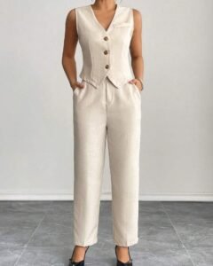 Conjunto de chaleco sin mangas de frente abierto y pantalones largos