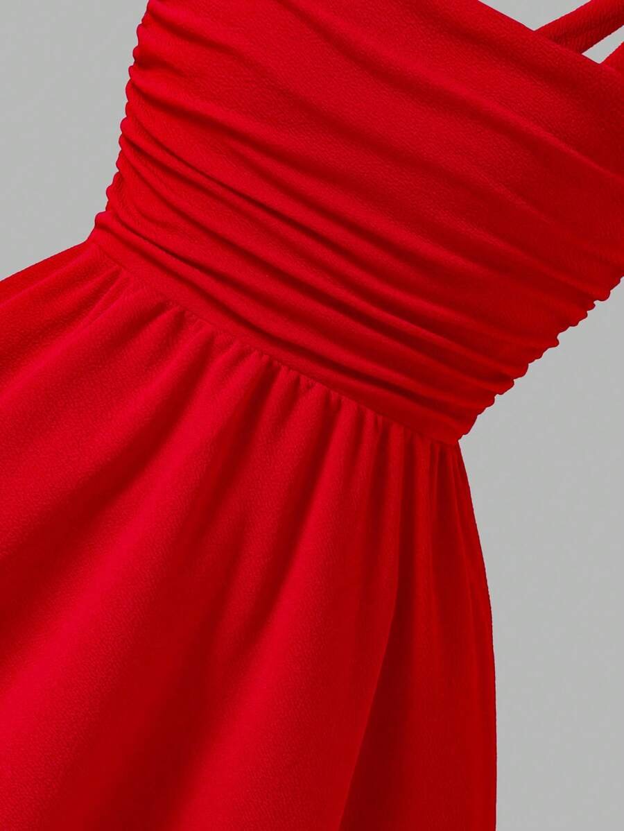 Vestido elegante para adolescentes con tirantes rojos y decoración de moño - Imagen 2