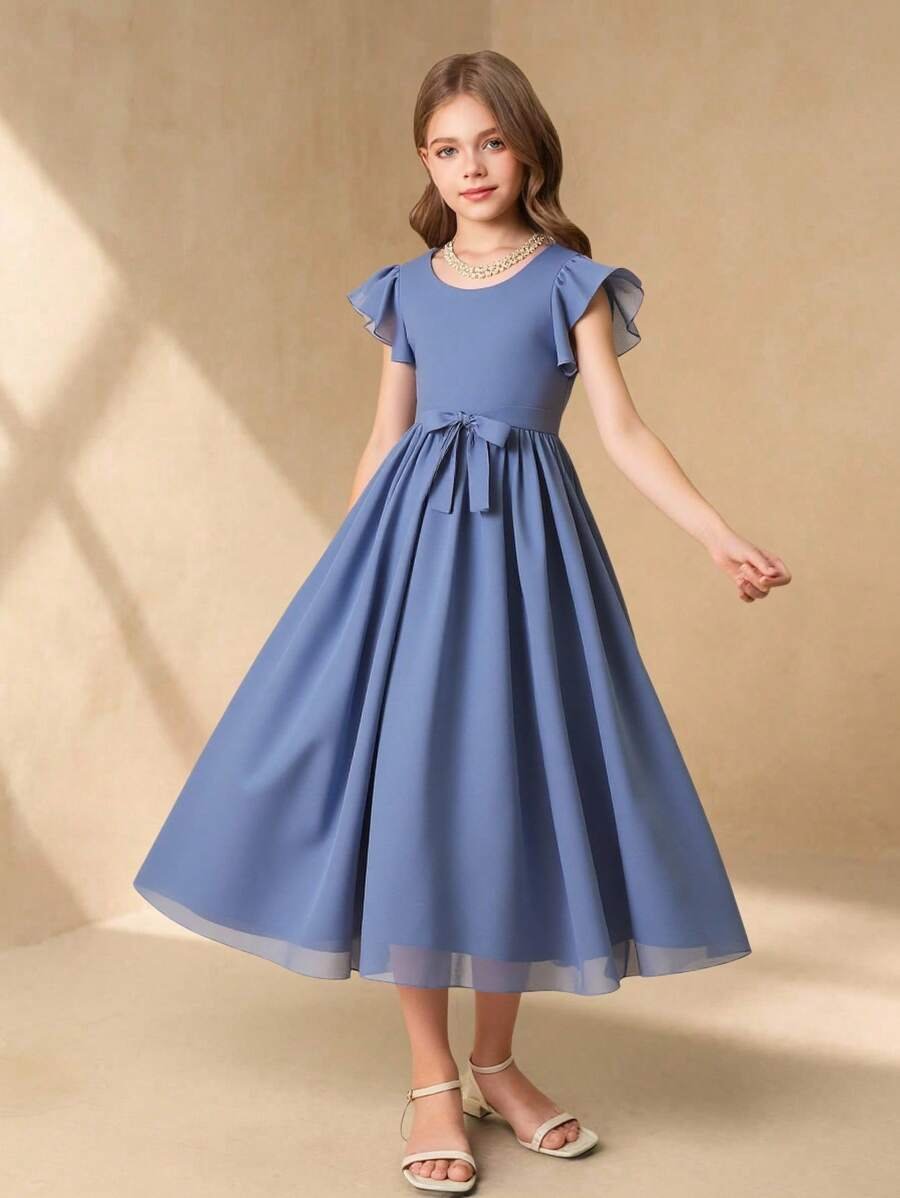 Vestido elegante con cuello redondo, manga corta y volantes en la cintura