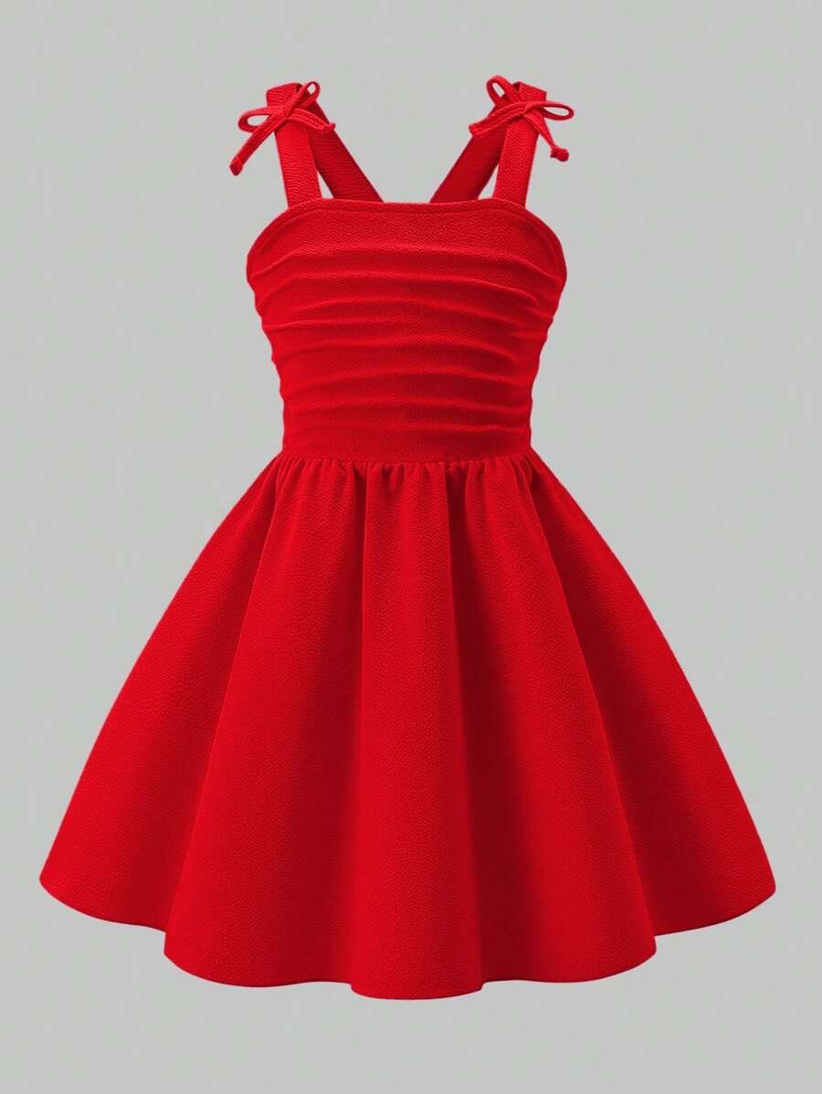 Vestido elegante para adolescentes con tirantes rojos y decoración de moño