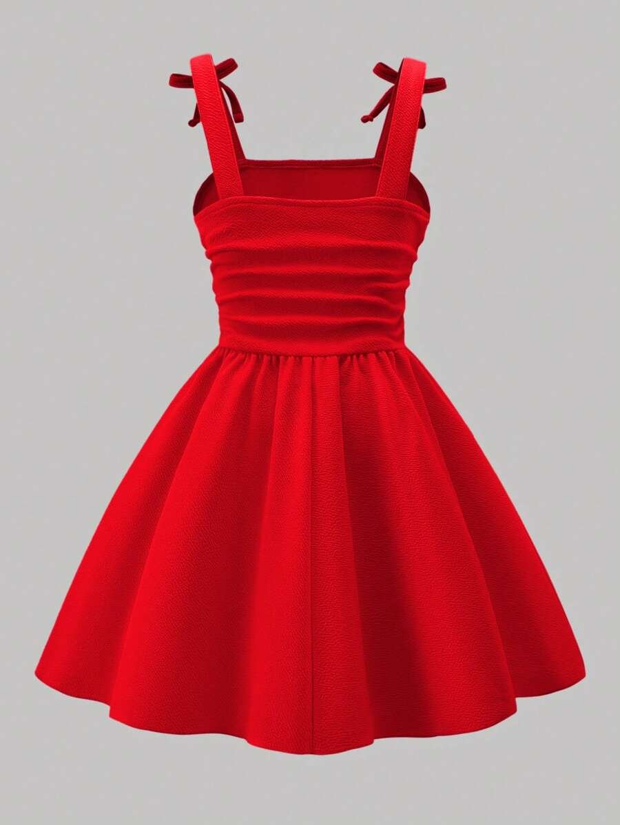 Vestido elegante para adolescentes con tirantes rojos y decoración de moño - Imagen 3