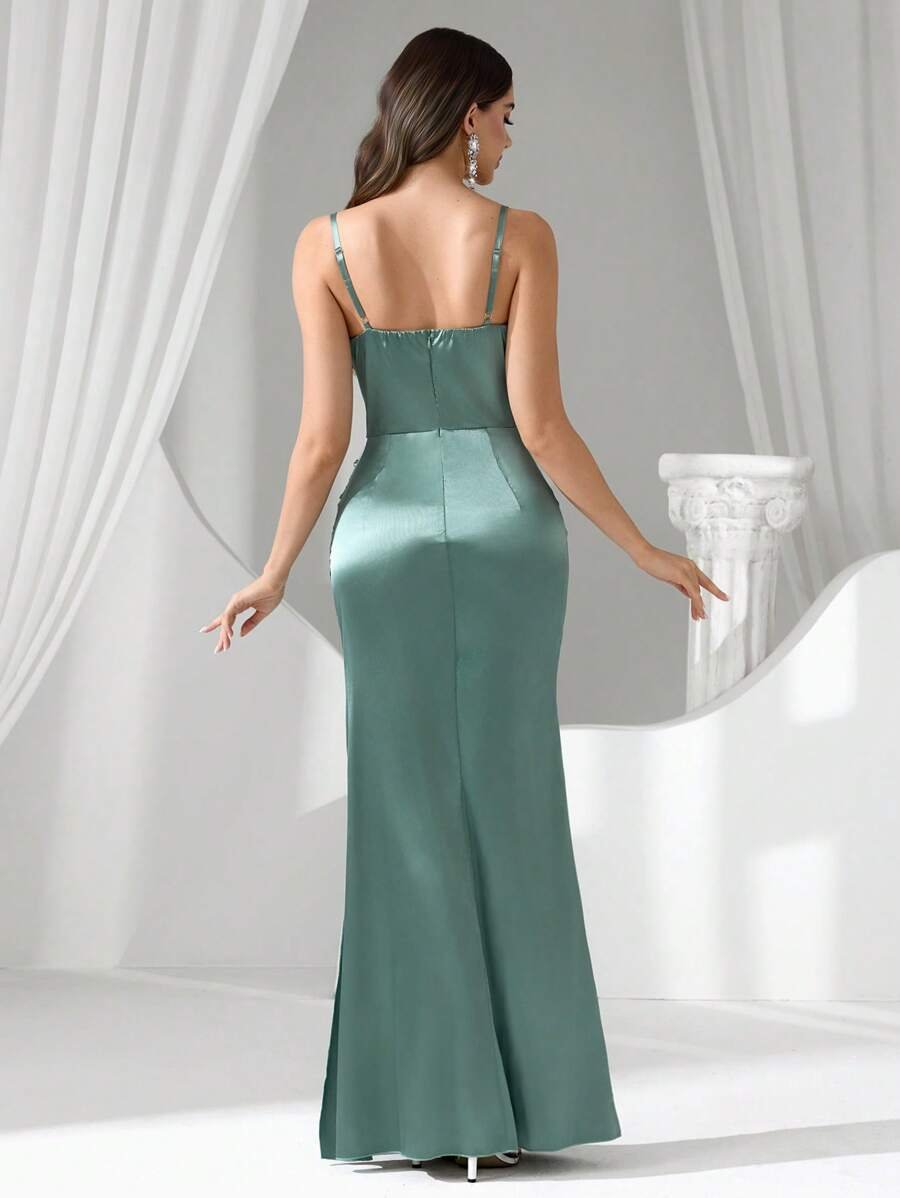 Vestido largo de noche negro con rhinestones y malla - Imagen 3