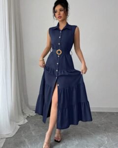 Vestido camisero informal sin mangas con volantes en el bajo