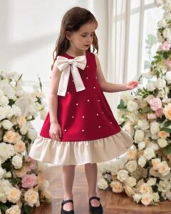 Vestido de línea A sin mangas con volantes y lazo de perlas