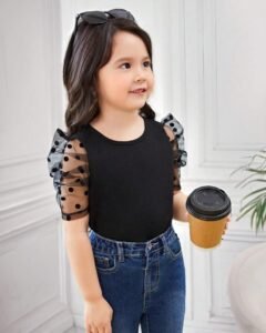 Blusa De Malla Contrastante De Manga Abullonada Dobby