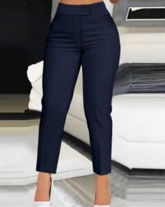 Pantalón casual de mujer de cintura alta liso con botón y cremallera