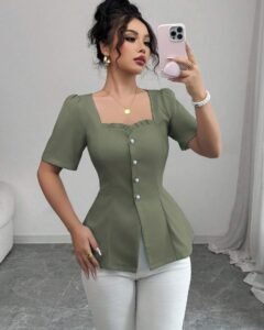 Blusa de mujer de estilo francés elegante de unicolor y con cuello cuadrado