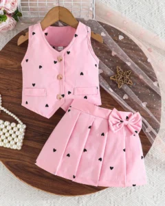 Top sin mangas con diseño de corazón y falda plisada elegante con volantes