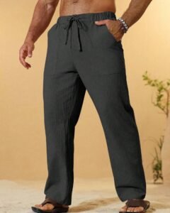 Pantalones casuales de algodón y lino con cintura con cordón