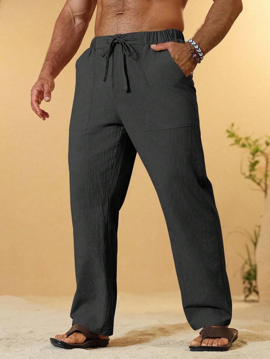 Pantalones casuales de algodón y lino con cintura con cordón