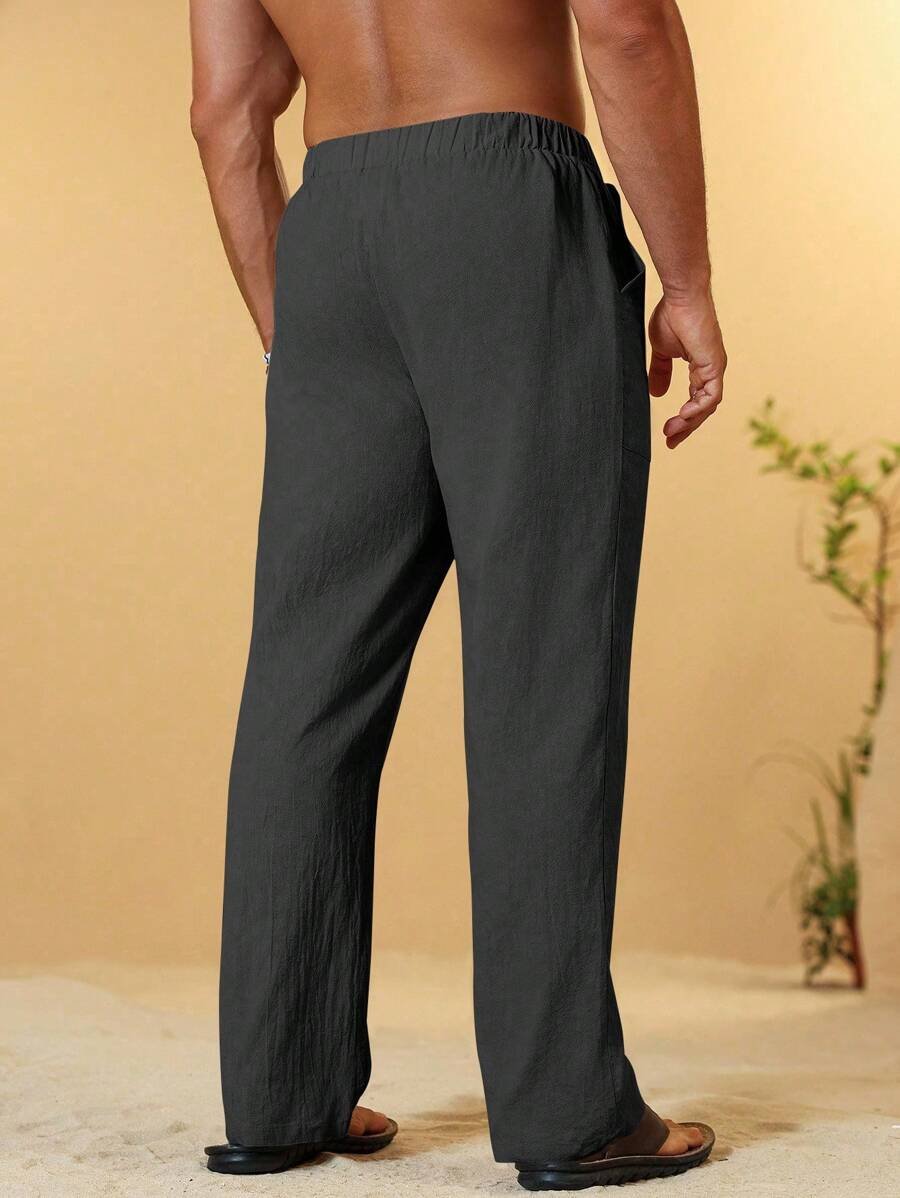 Pantalones casuales de algodón y lino con cintura con cordón - Imagen 3