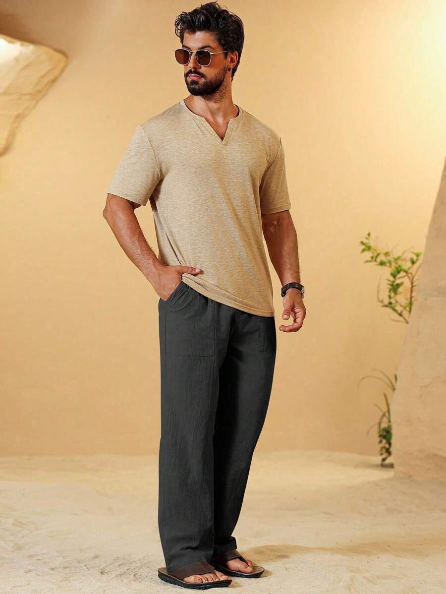 Pantalones casuales de algodón y lino con cintura con cordón - Imagen 2