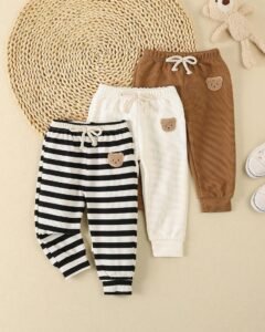 Pantalones a juego con bordado de oso y rayas para niños