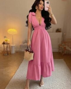 Vestido elegante sin mangas con escote en V y cintura anudada con lazo