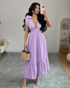 vestido maxi con cuello en V, sin mangas y cintura con lazo