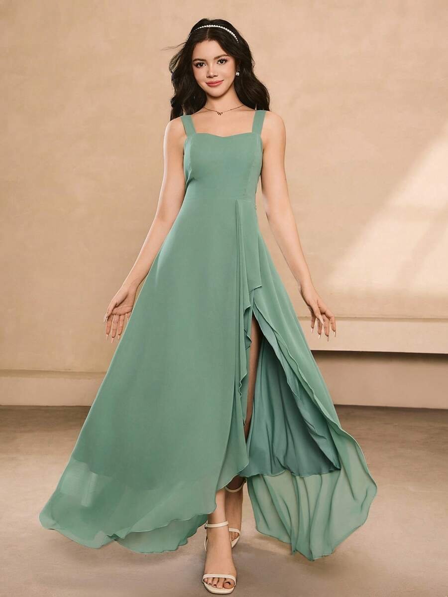 vestido midi sin espalda con tirantes de gasa y abertura - Imagen 2