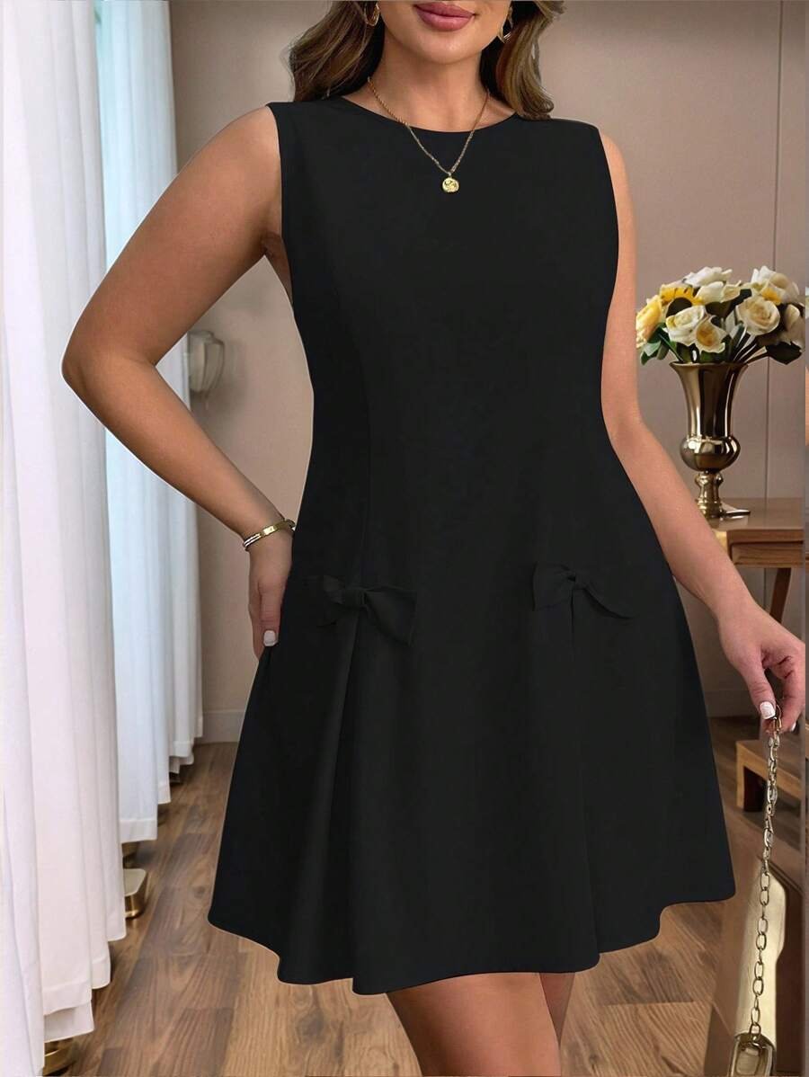 Vestido corto elegante y casual unicolor, cuello redondo - Imagen 2