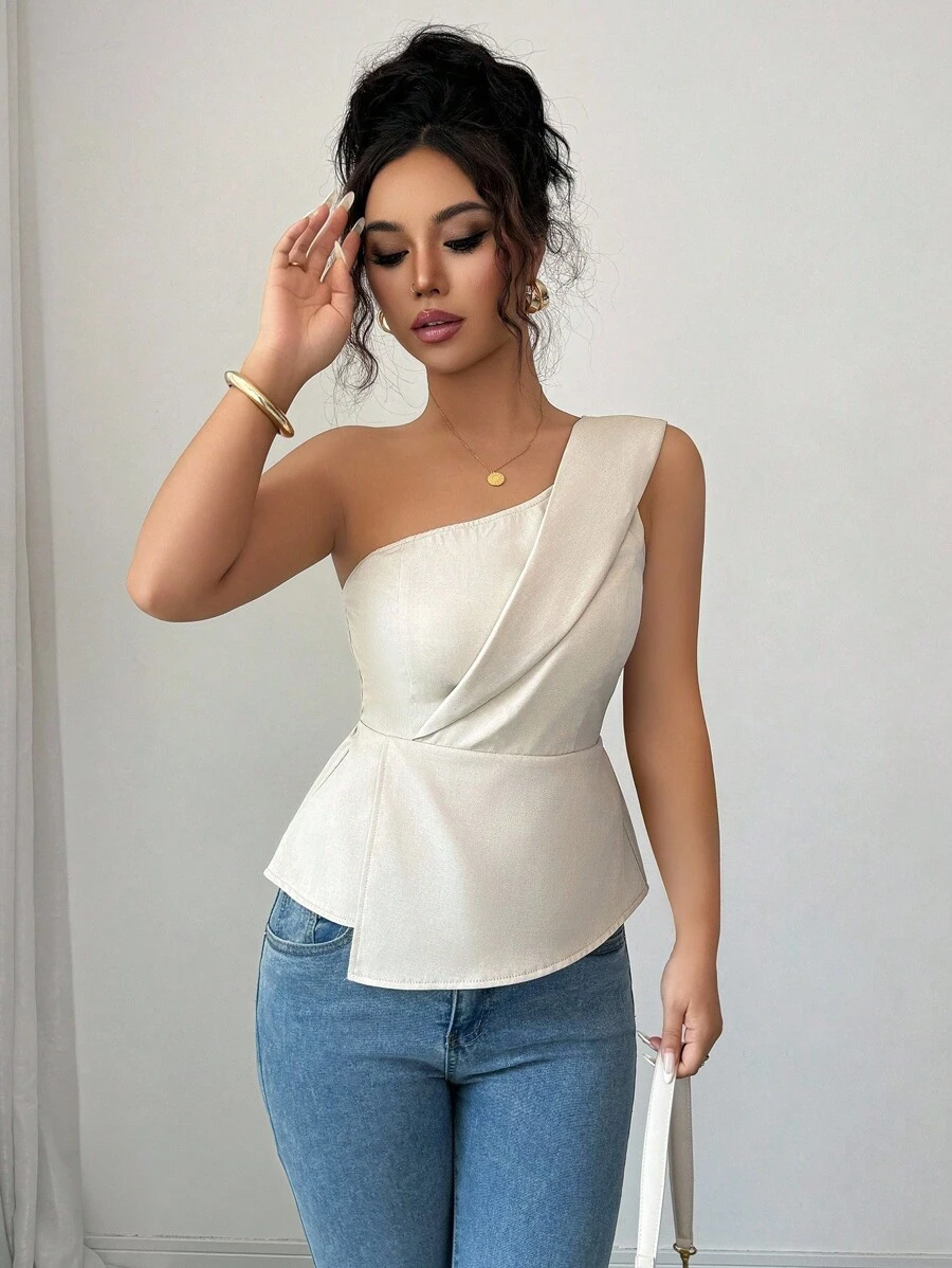 Blusa elegante con pliegues, de un solo hombro y asimétrica - Imagen 2
