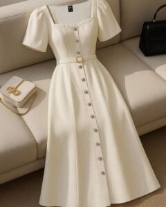 Vestido de manga corta unicolor con escote corazón y botones delanteros