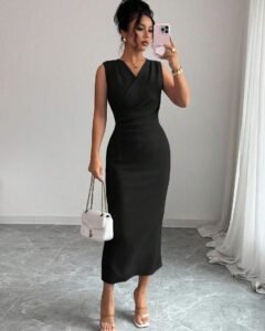 Vestido de unicolor de corte ajustado con cuello en V sin mangas