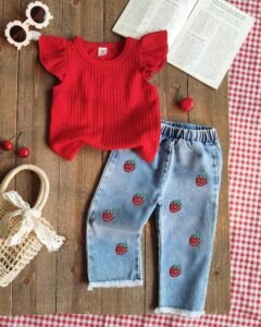 Conjunto de blusa cuello redondo con pantalones de mezclilla