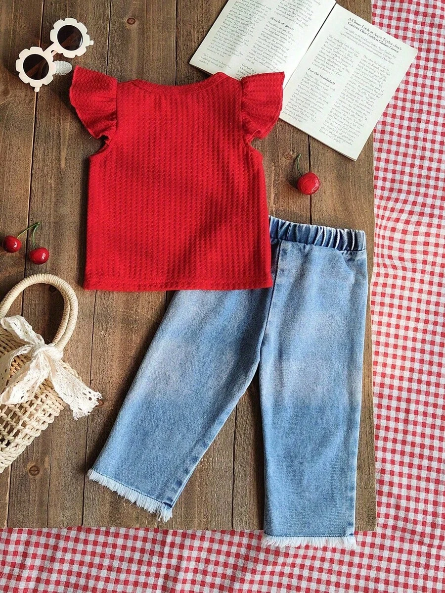 Conjunto de blusa cuello redondo con pantalones de mezclilla - Imagen 3
