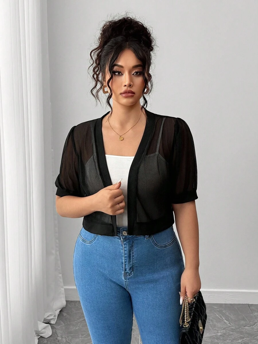 Chaqueta elegante de manga corta transparente de unicolor y casual - Imagen 2