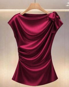 Blusa de satén de unicolor con pliegues y lazo en la cintura