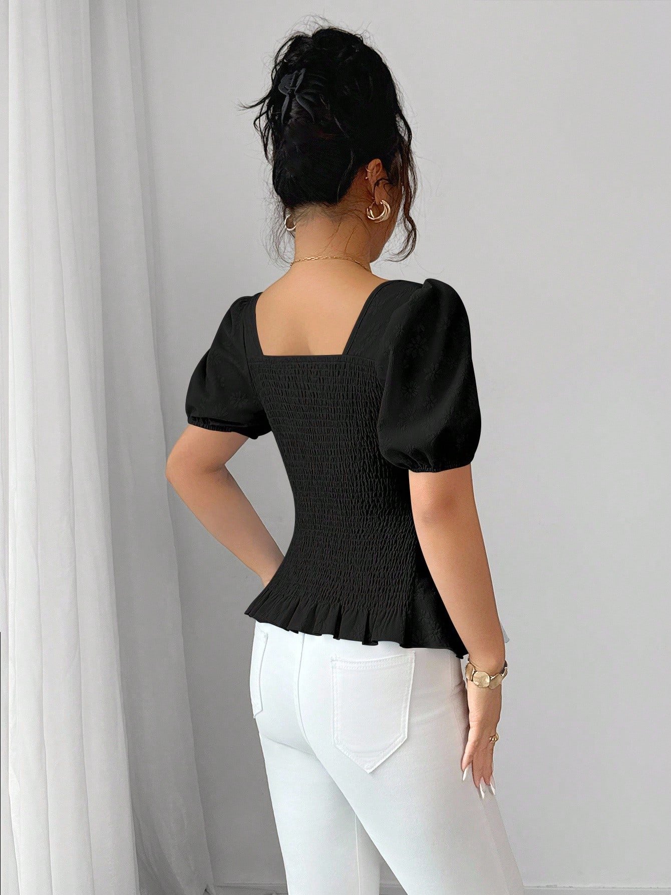 Blusa elegante con manga de farol de lazo francés versátil - Imagen 3