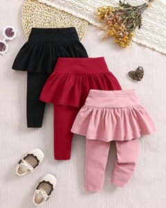 Pantalones de cintura con volantes de unicolor, elástico y versátil