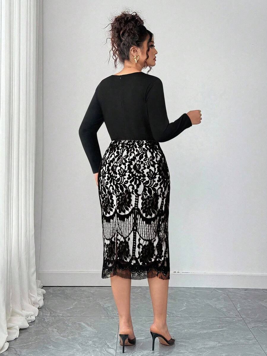 Vestido elegante de talla grande con cuello en V - Imagen 3