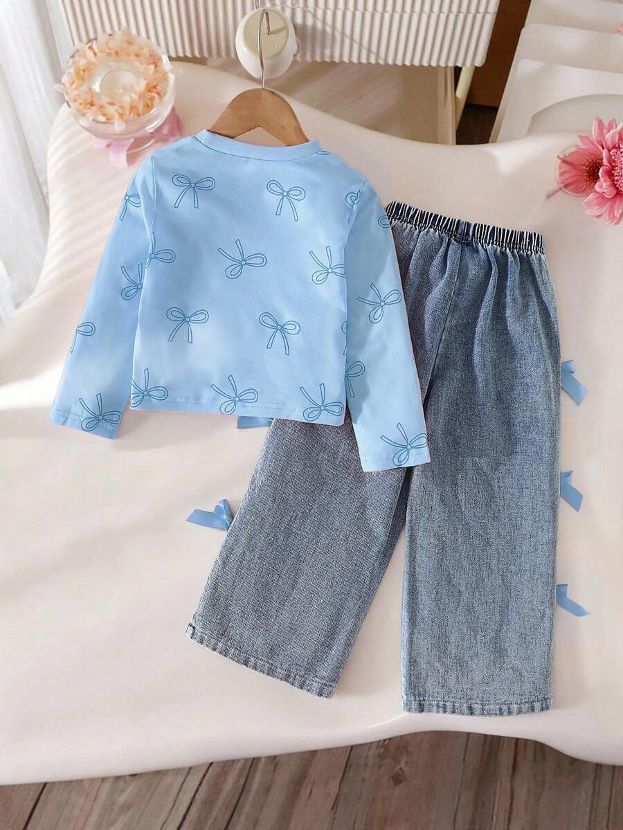 Camiseta de manga raglán, cuello redondo y pantalones vaqueros rectos - Imagen 3